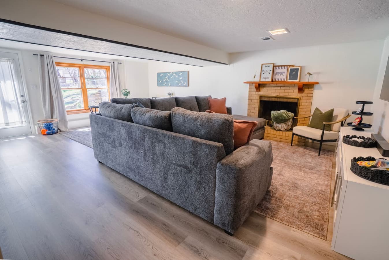 Basement game room designed for movie nights.