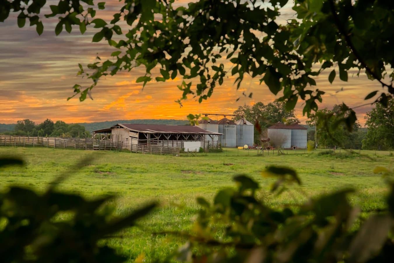 Sunrise over the farm house in the distance.