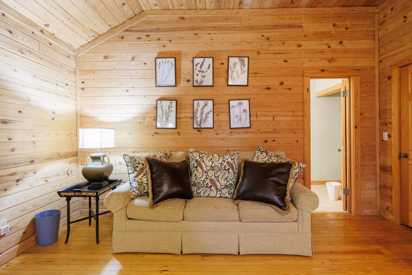 Wrapped in golden wood tones, this inviting room features classic cabin character with modern comfort and style and a queen sleeper sofa.