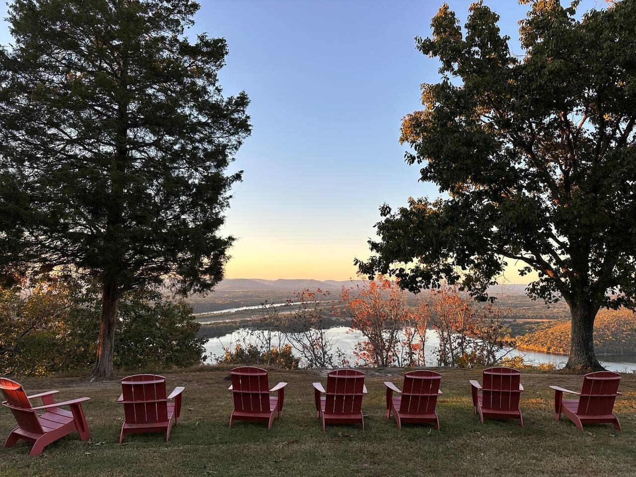 Relax as you watch the sunset over the Tennessee Valley. Chairs are located behind the Gorham Bluff lodge,  just a short walk from Scenic Cottage.