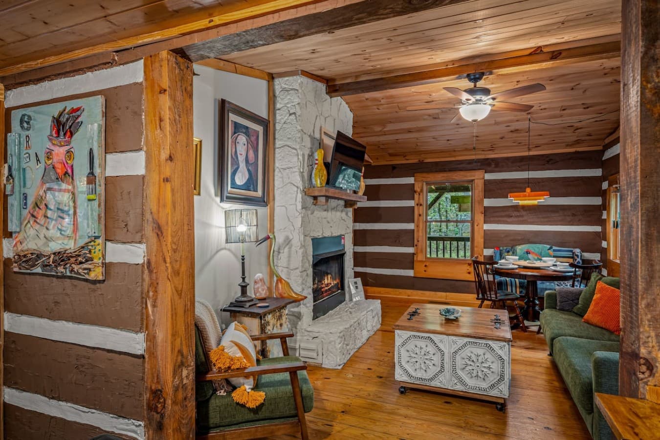 Cozy corner with surrounded by the homeowner's artwork.