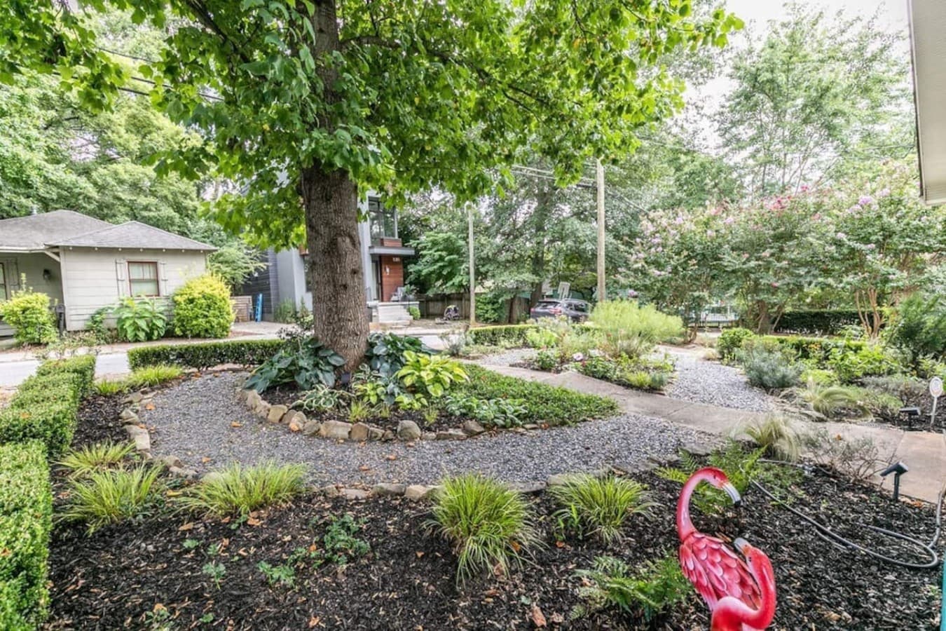 Landscaped frontyard tucked into a quiet Atlanta neighborhood.