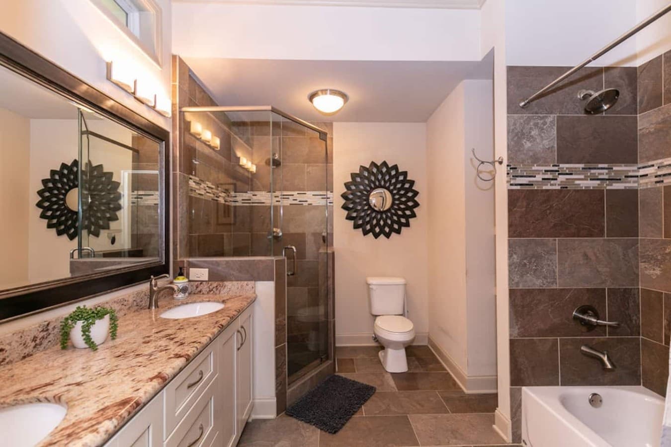 Spacious bathroom with separate soaking tub and walk-in shower.