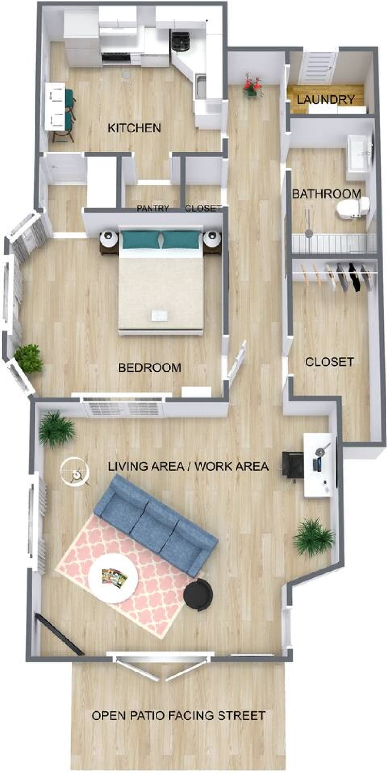 A 3D floor plan to give you an idea of the space—furniture shown is for example only.