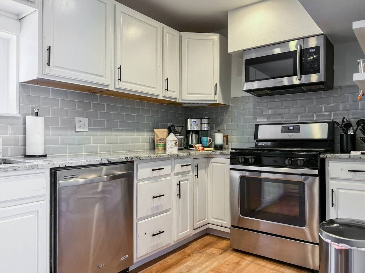 A sparkling kitchen space for coffee rituals, simple meals, and quiet nights in.