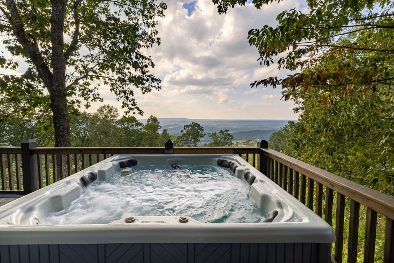 Soak in the hot tub on the back deck with views of the mountain and valleys.