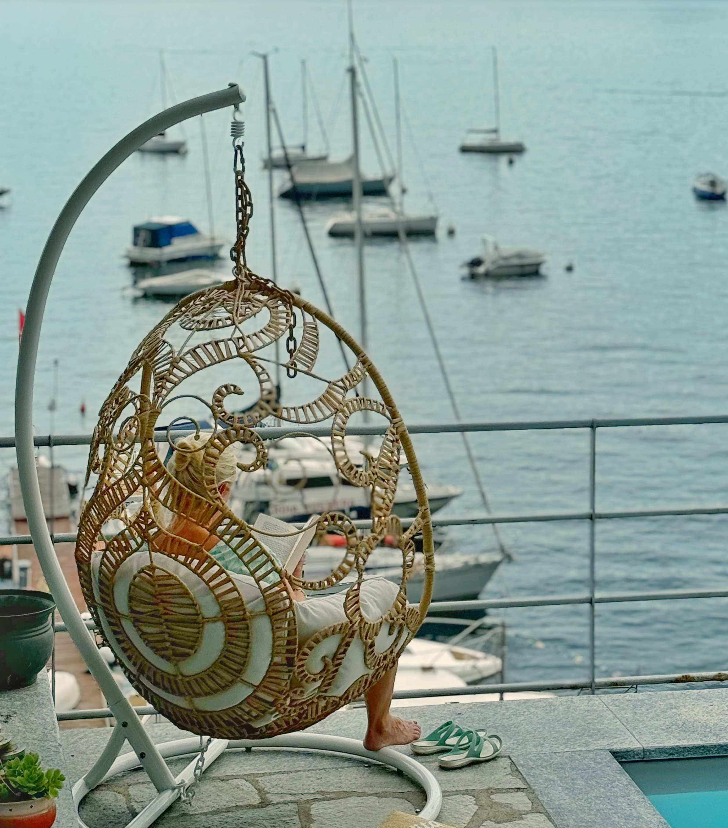 Hanging chair by the pool
