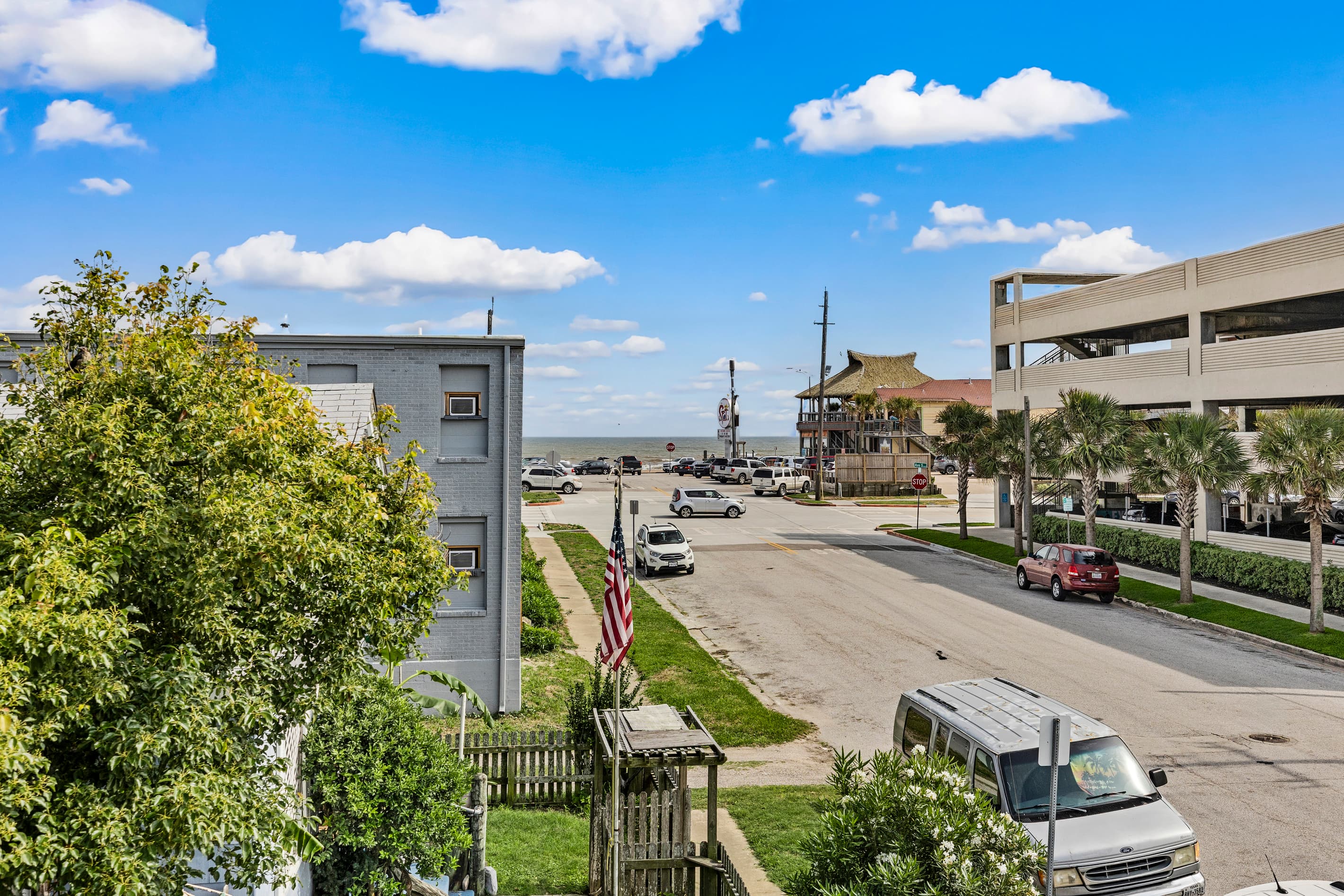 Steps to the Gulf — The Lookout at R½ is just blocks from the Galveston Seawall, with open Gulf views visible right from the property.