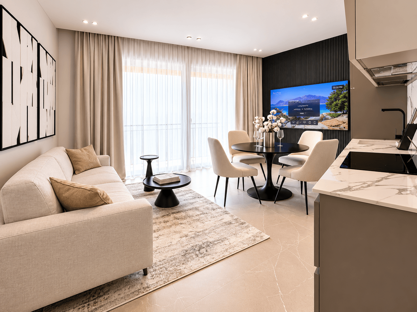 AZULIS DelleTerme Suites Open plan living dining and kitchen with smart TV by RENTAL12