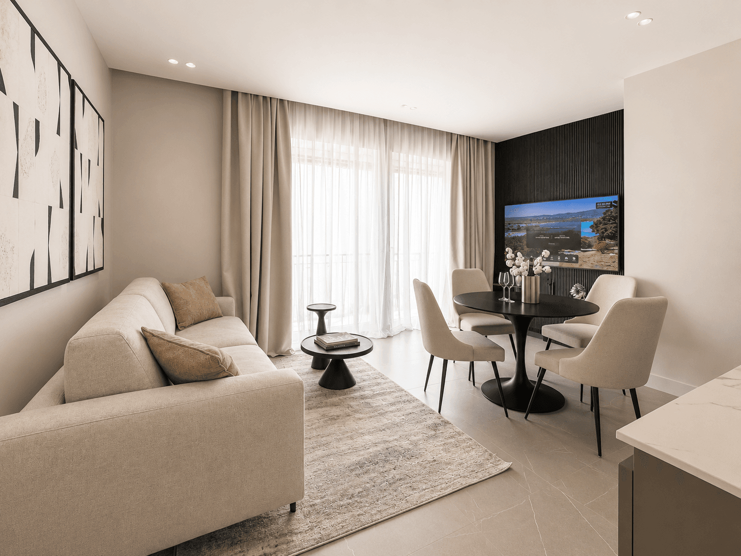 AZULIS DelleTerme Suites Bright open living and dining room with smart TV by RENTAL12