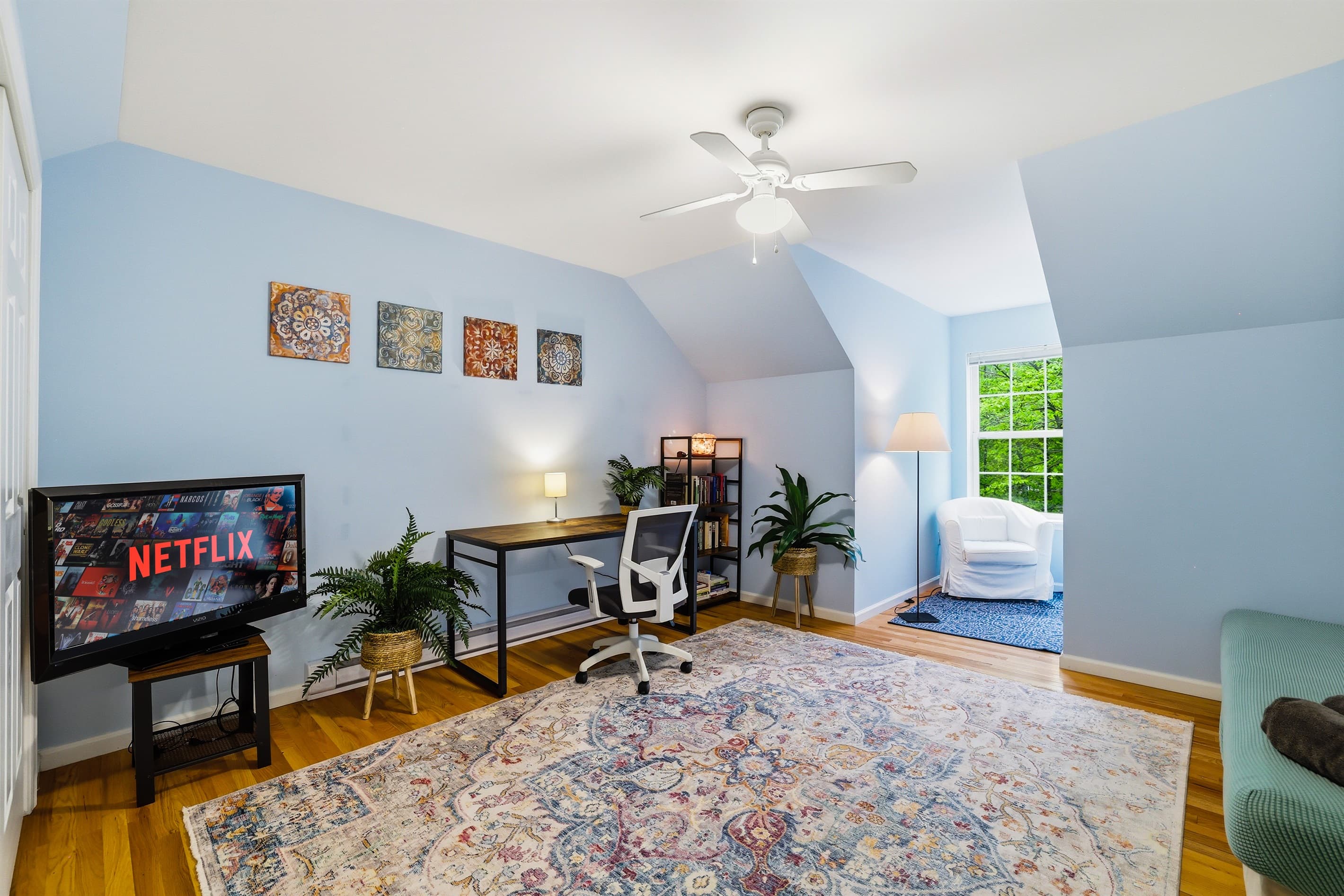 Bedroom with futon, TV and workspace