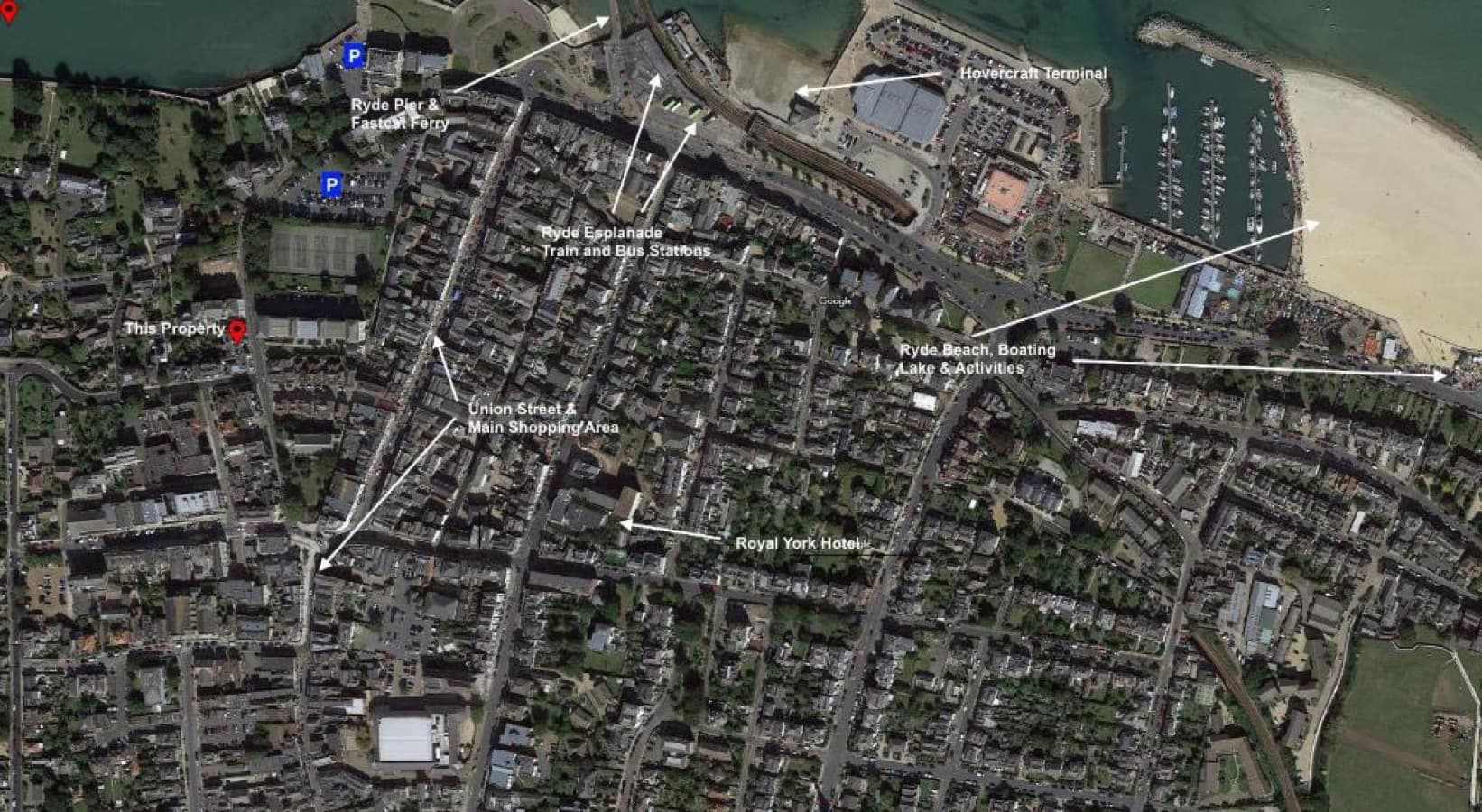 Aerial map of Ryde - Union Street, Royal York Hotel, Pier, Hovercraft Terminal