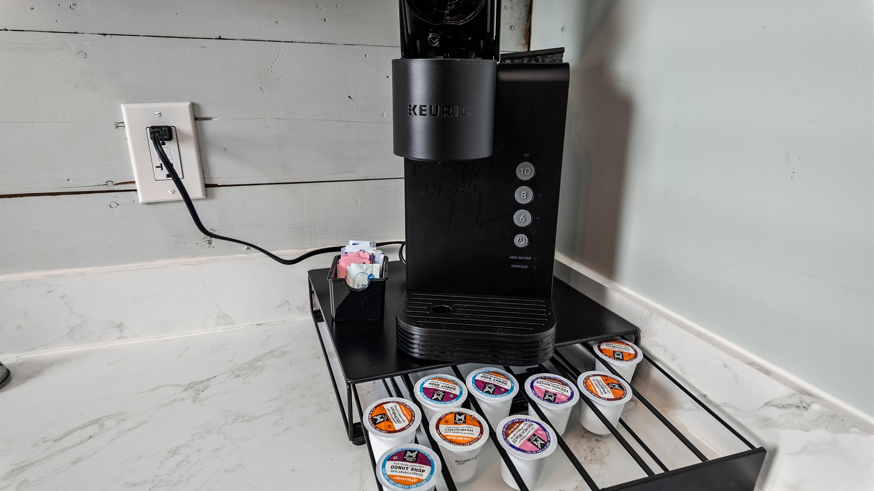 Start every Galveston morning right — the kitchen comes stocked with a Keurig coffee maker and an assortment of K-cups, ready when you are.