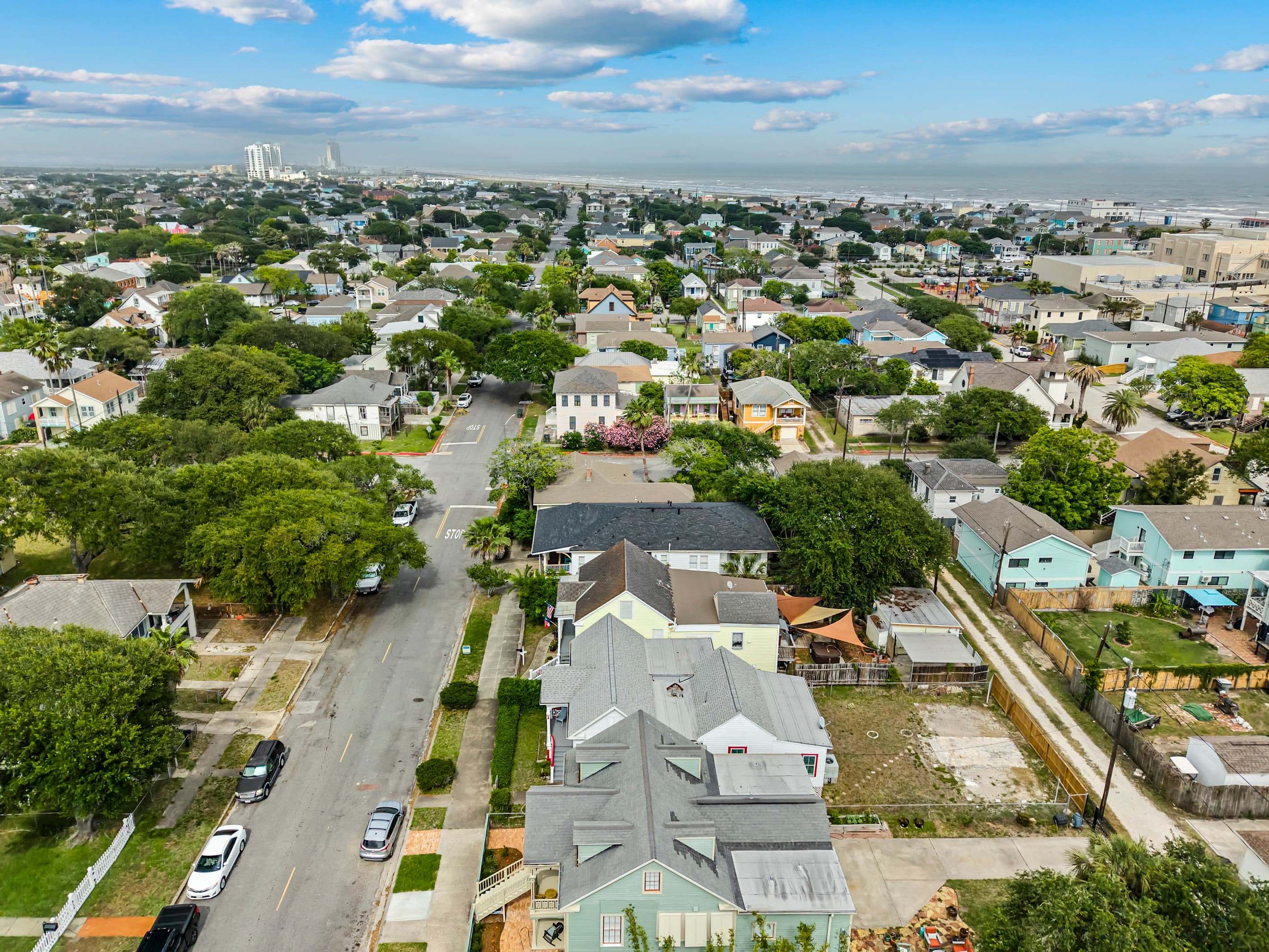 Galveston famous street grid from above — the historic East End is one of the most walkable and character-rich neighborhoods in coastal Texas.