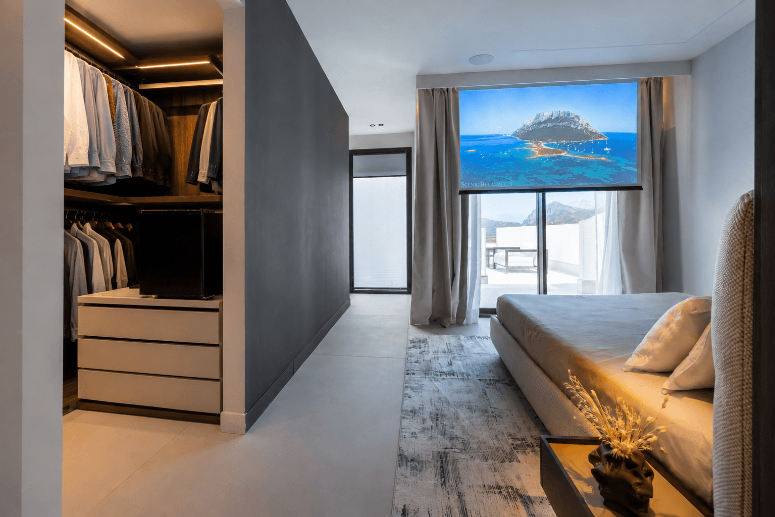 Azulis villas aramis golfo aranci master bedroom walk in closet projector view