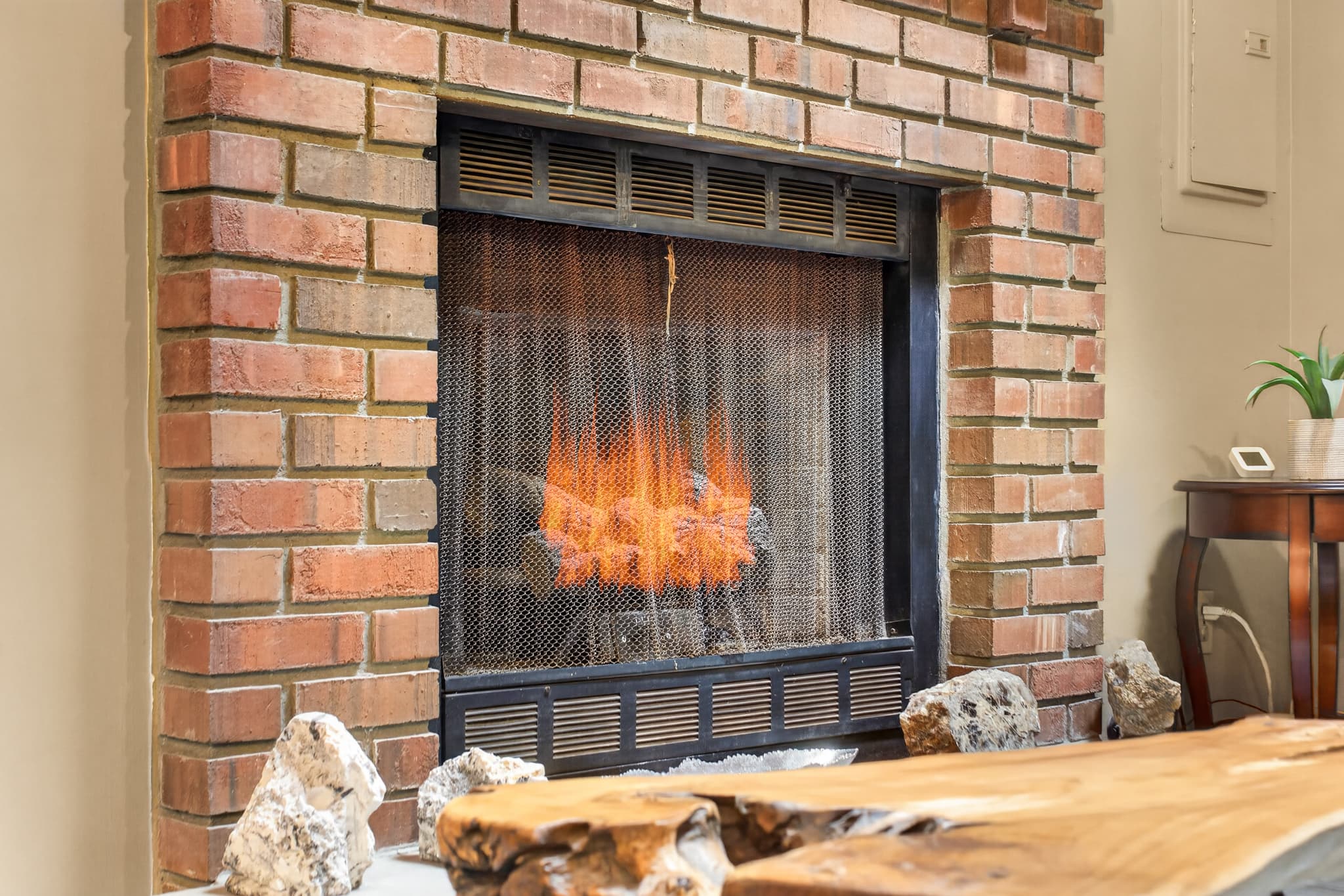 Propane fireplace in living room