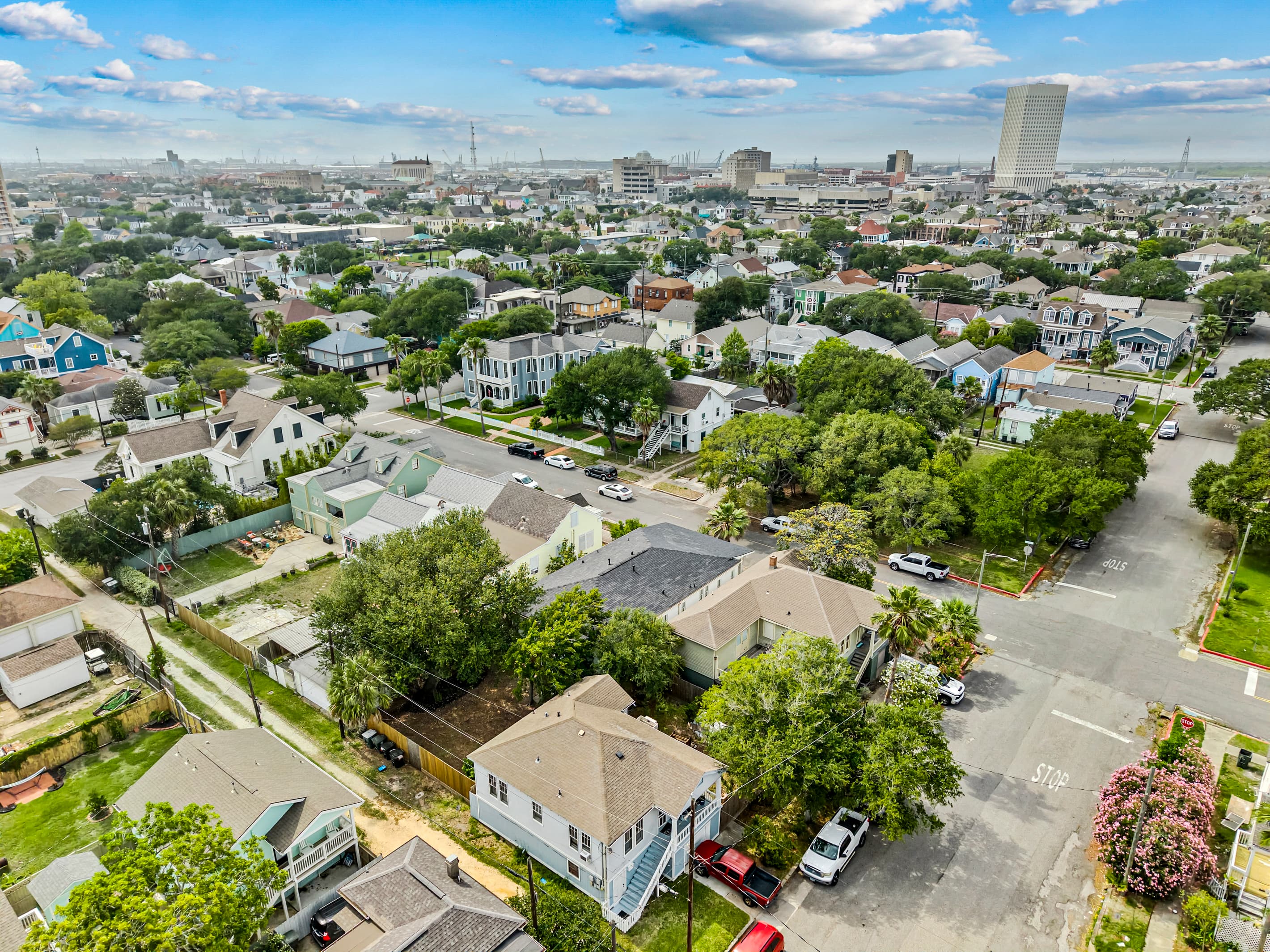 The Gulf of Mexico and Galveston's historic Lost Bayou District from above — Port Side at M puts you right where you want to be.