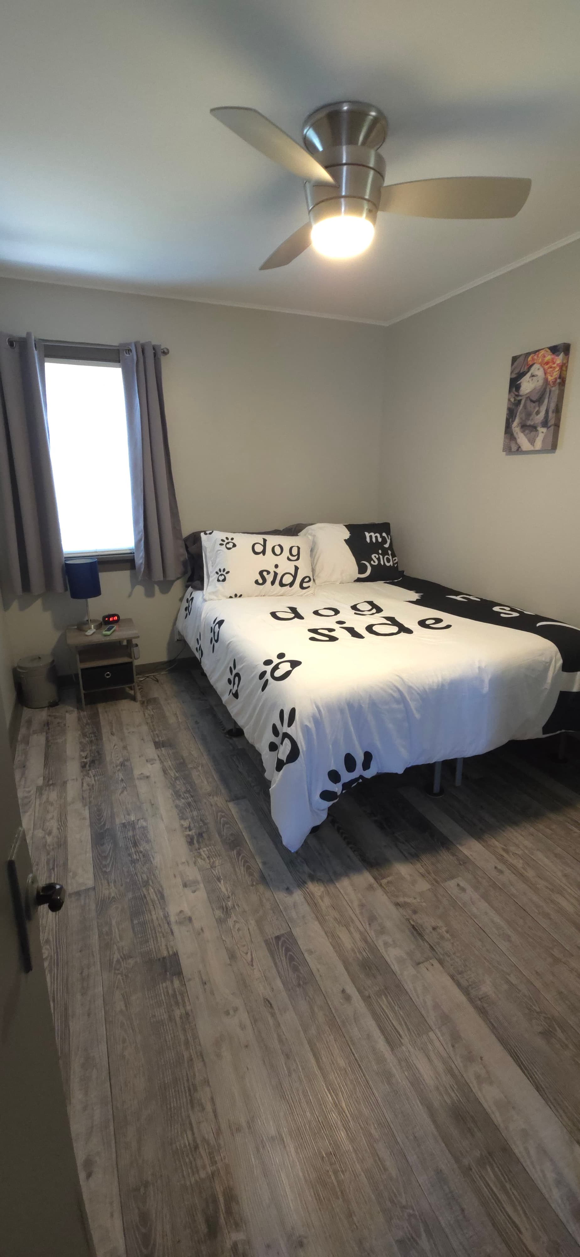 Bedroom One Queen Bed — Small TV, Dresser, Nightstand,  & Ceiling Fan Included