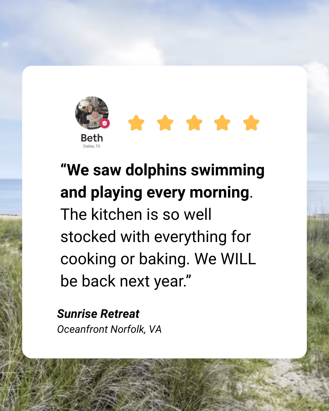 Here is a review from a recent group that stayed at our home