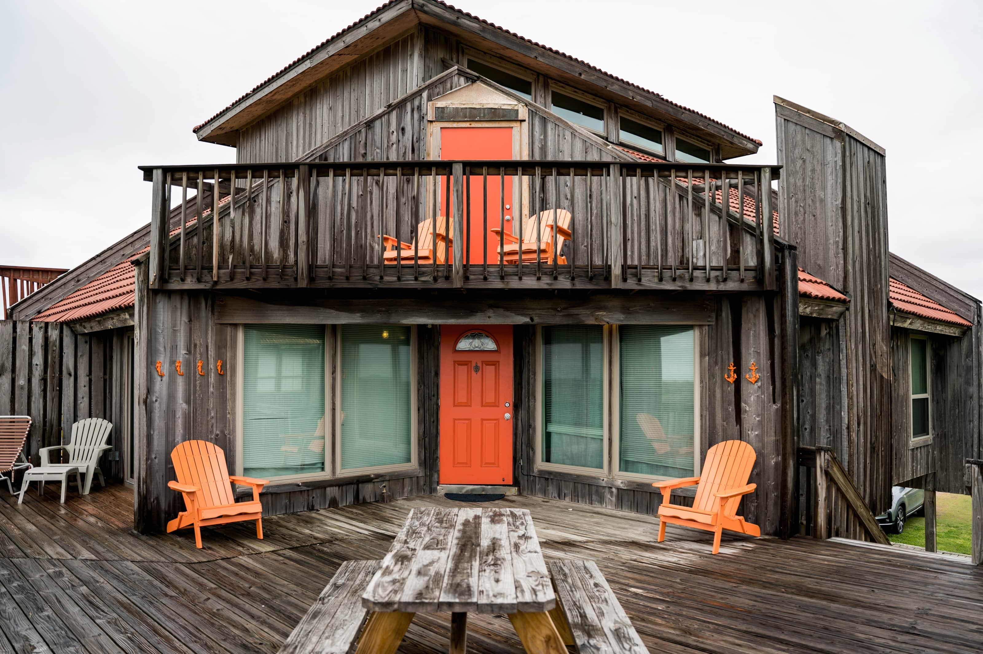 Picnic Table + loungers - doors newly painted orange!