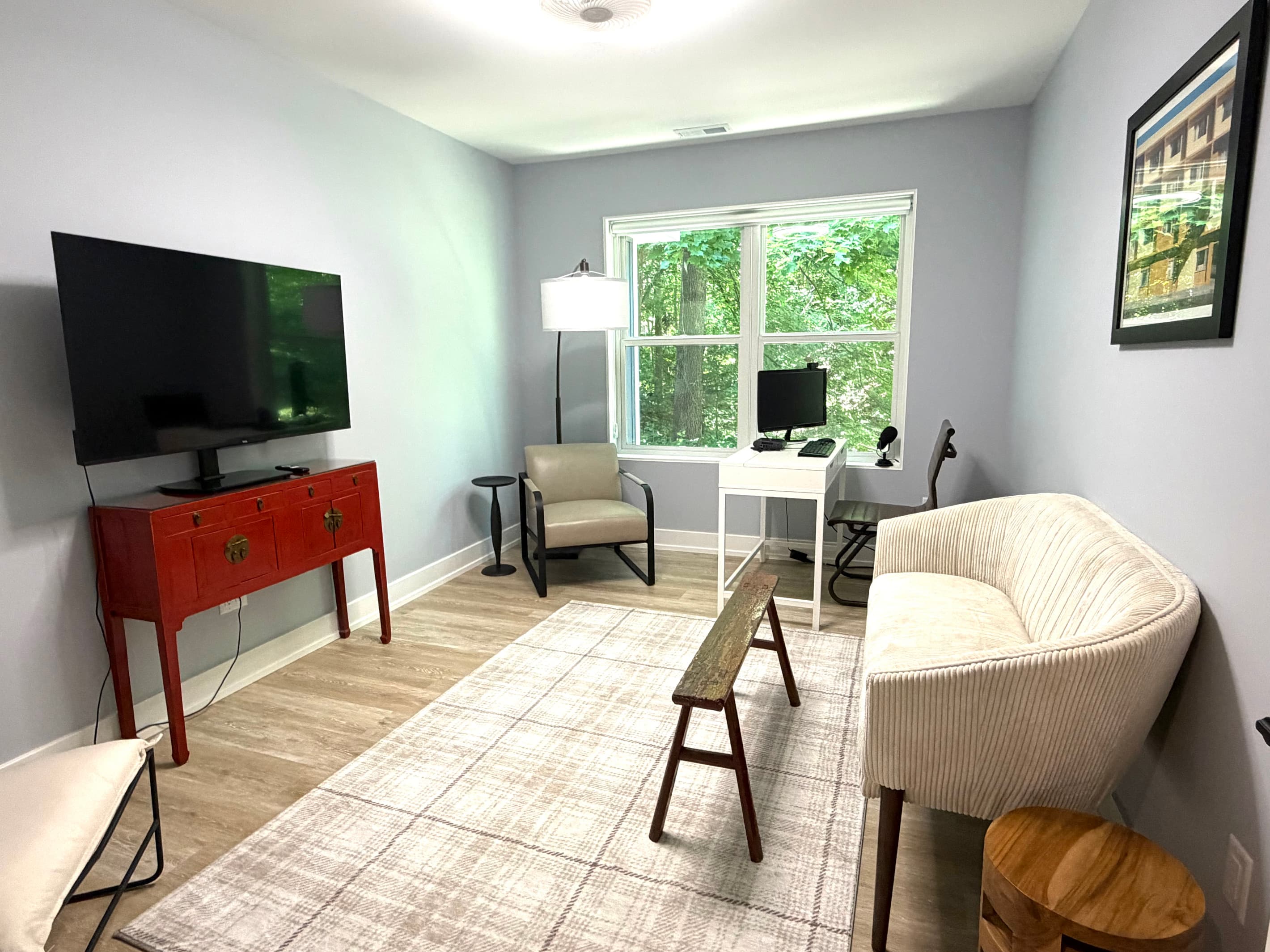 A computer, monitor, and web cam is always available for your use in the office.