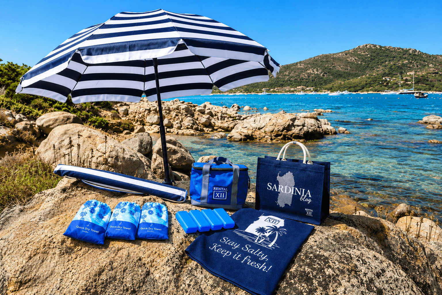 Rental12 complimentary beach kit sardinia parasol cooler bag beach towels freezer elements