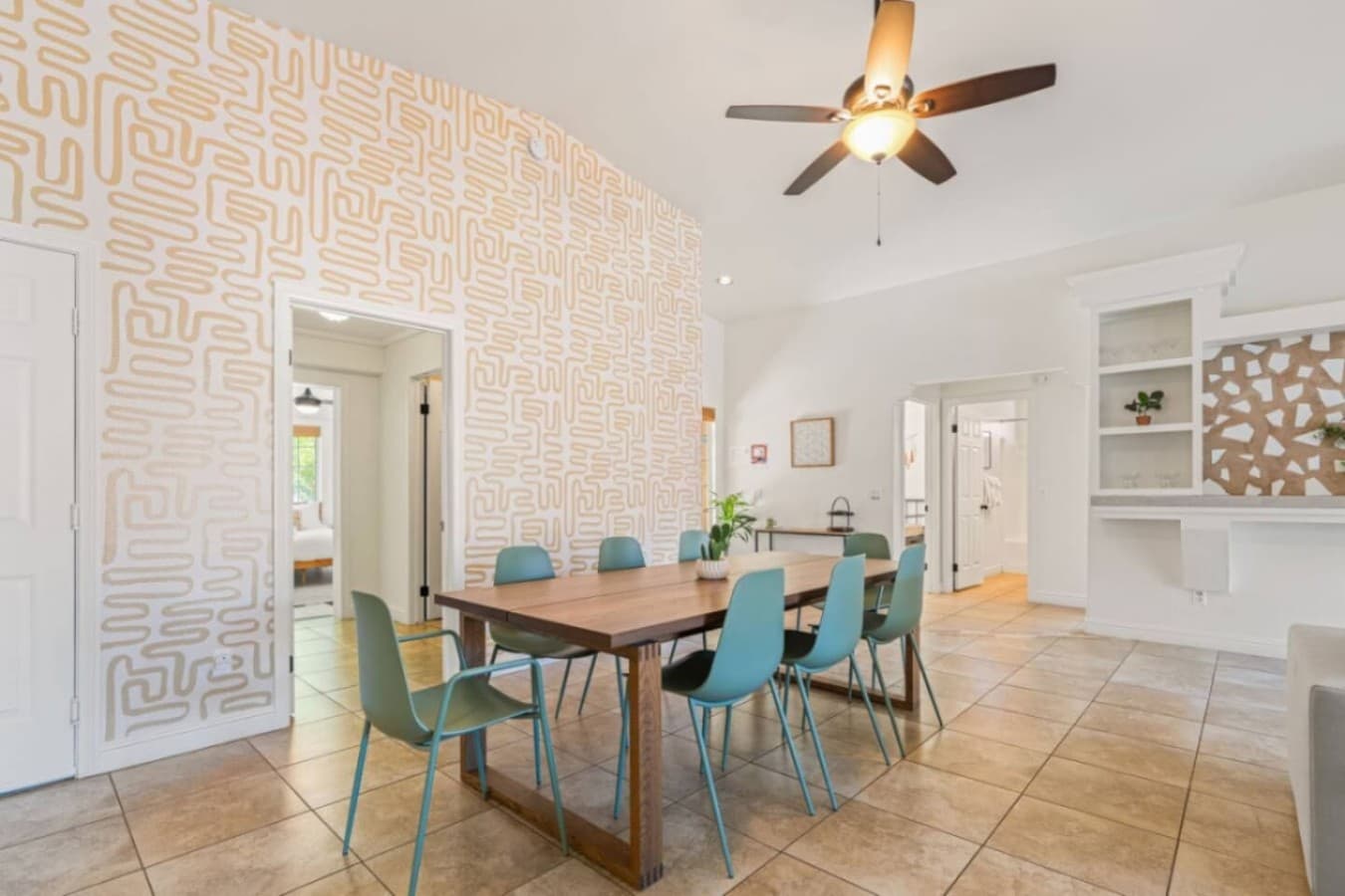 Stylish hallway & dining nook with playful patterns that add character without feeling busy.
