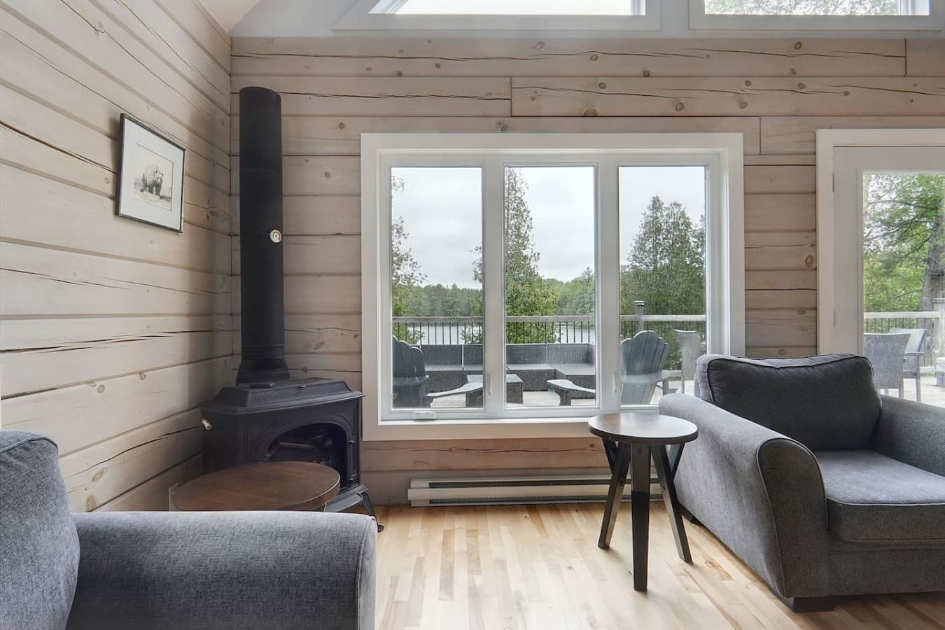 main cottage living room. Electric fireplace