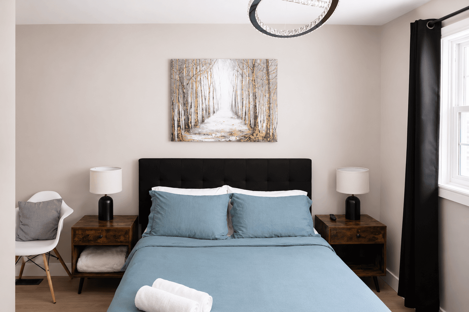 Bedroom 2: your quiet retreat with TV, dresser, closet, chair, USB lamps, electric fireplace and 2 plush robes for cozy nights in or a trip to the hot tub.