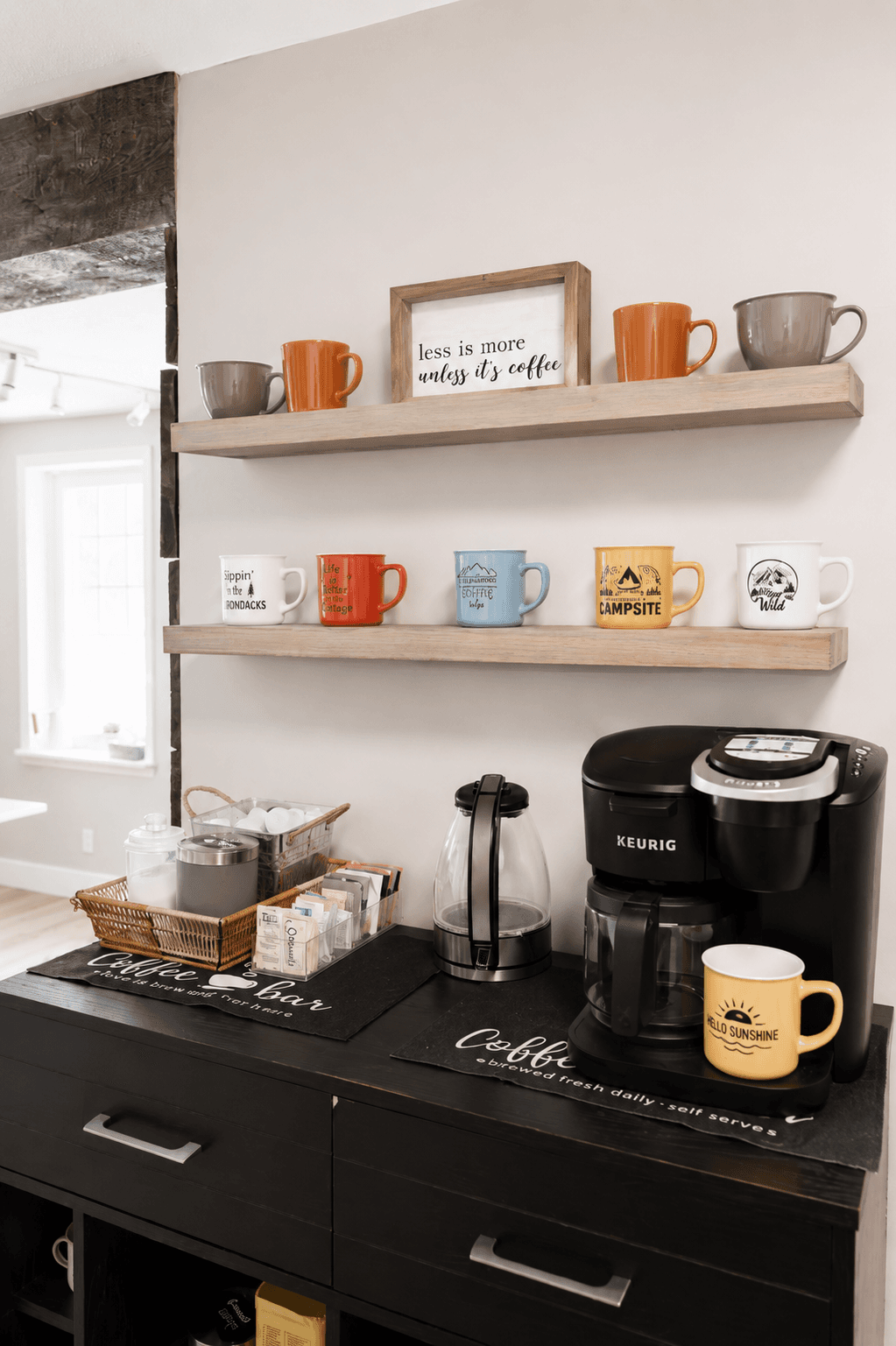 Start your mornings your way with a coffee corner stocked with K-cups, ground coffee, tea bags, and sugar.