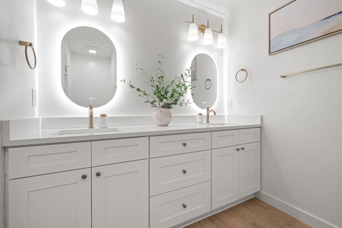 A bright double vanity with plenty of space for your toiletries.