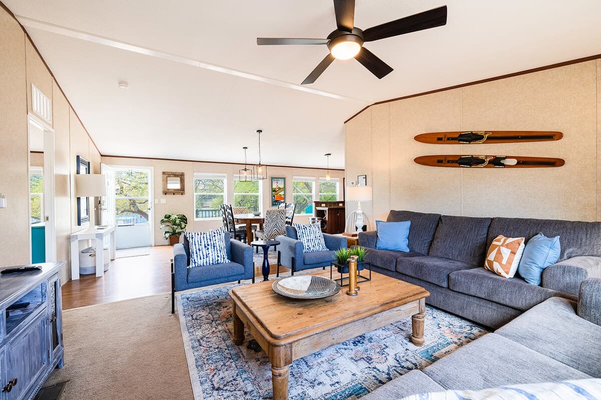 Bright, cozy living room—perfect for relaxing after lake days or Spider Mountain rides.