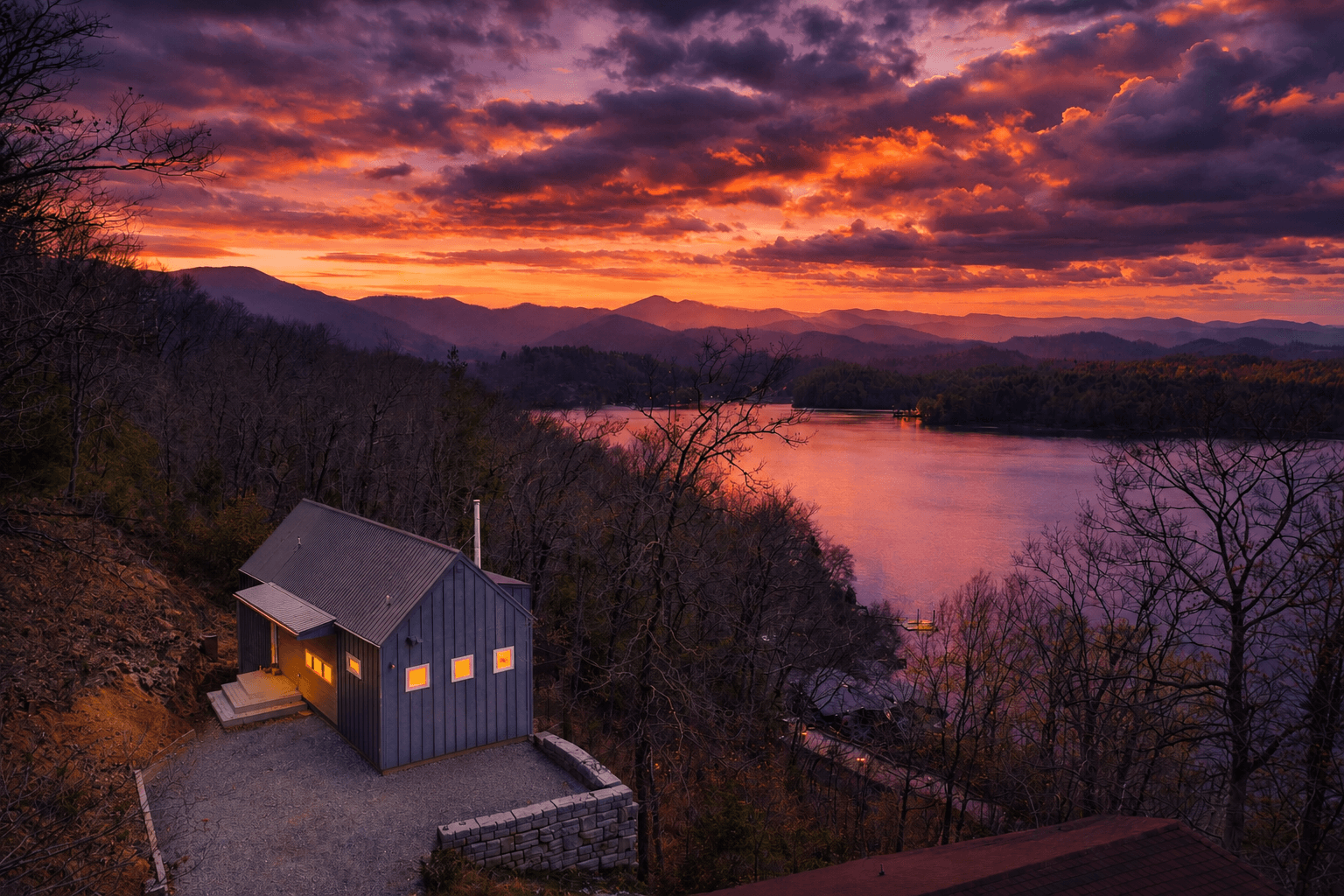 Sunset views from Hidden Point House overlooking beautiful Lake Santeetlah.