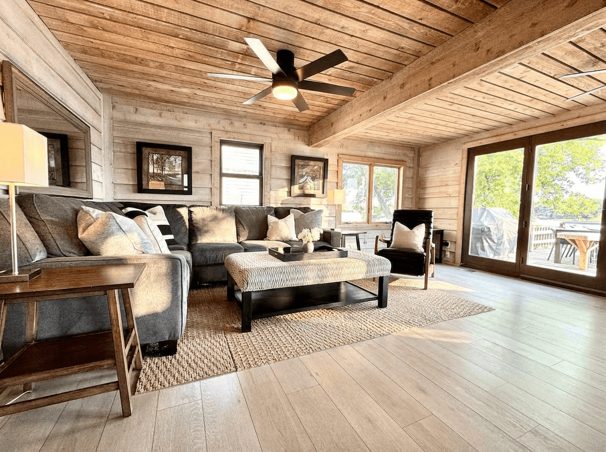 Comfortable living room with gorgeous lake views