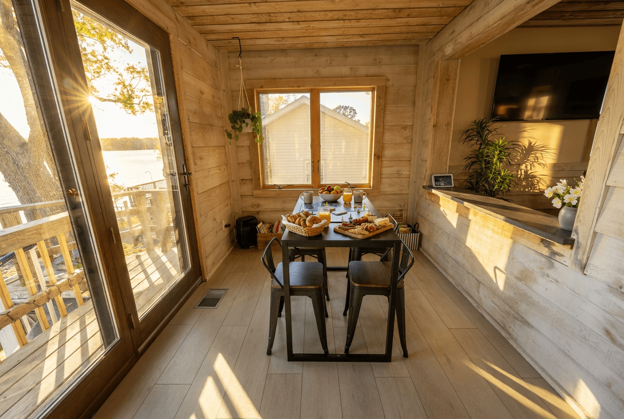 Game/dining table with lake views