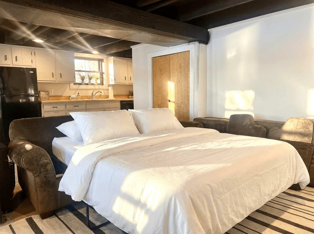 Pull out bed in lower level. Queen size for up to two people