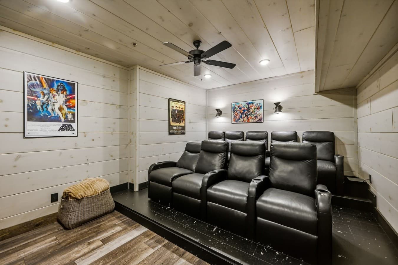 Plenty of room in this spacious movie theater (located downstairs in the home)