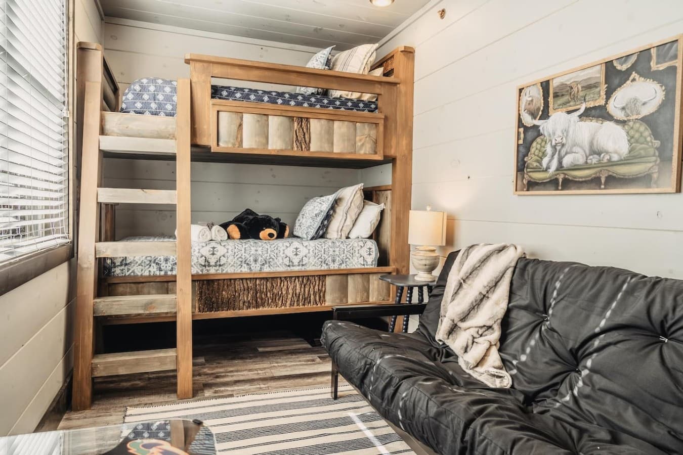 Twin Bunk Beds (Upstairs) with futon that sleeps 2