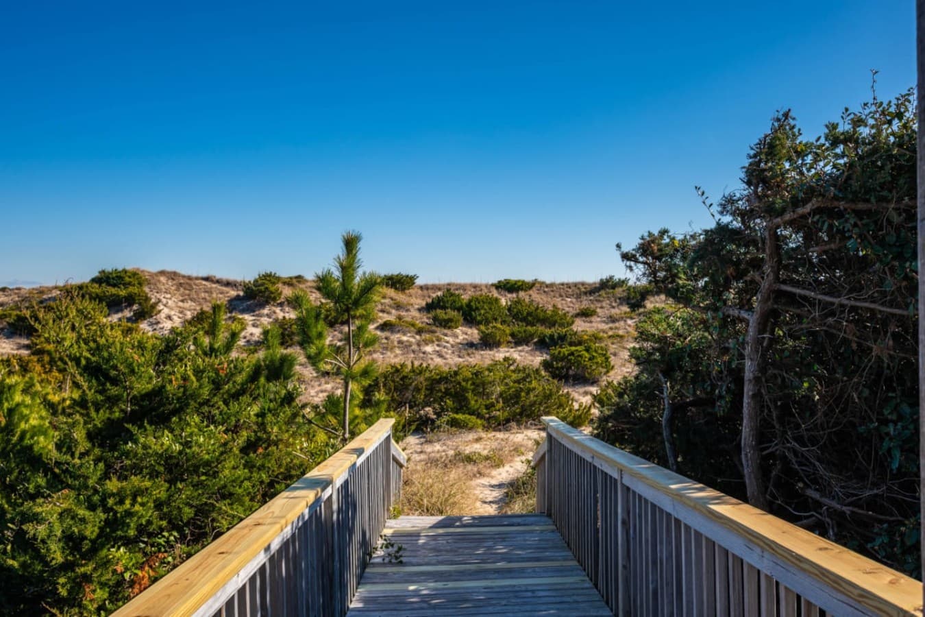 Private wooden boardwalk running from the deck out over the dune toward the beach.