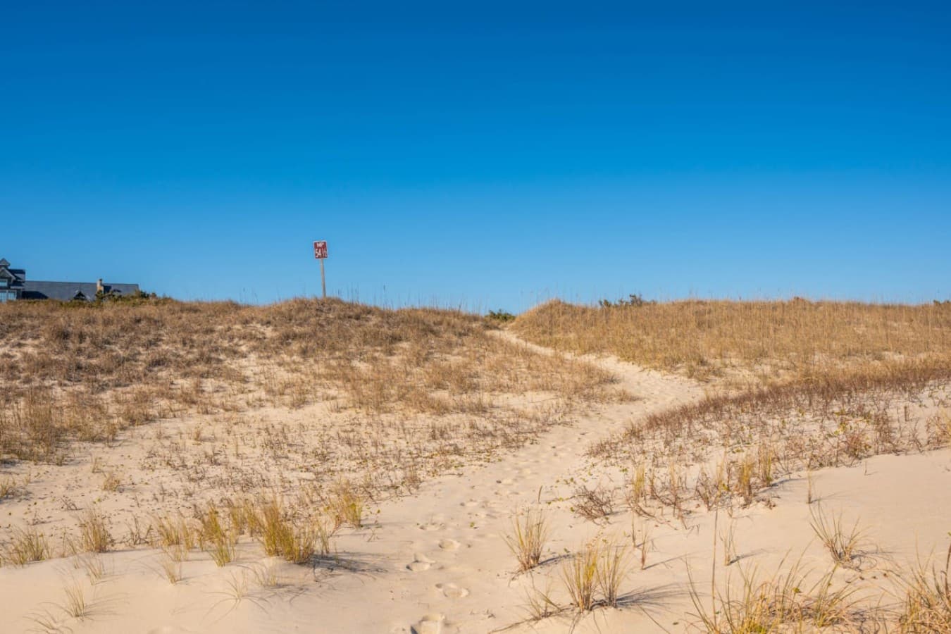 Sandy path cresting the dune — the walkway out to the beach from the house.