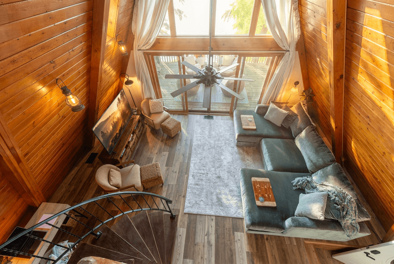 Warm vaulted ceilings, huge comfortable sofa and giant TV all add to the character and calm of The Ridge living room.