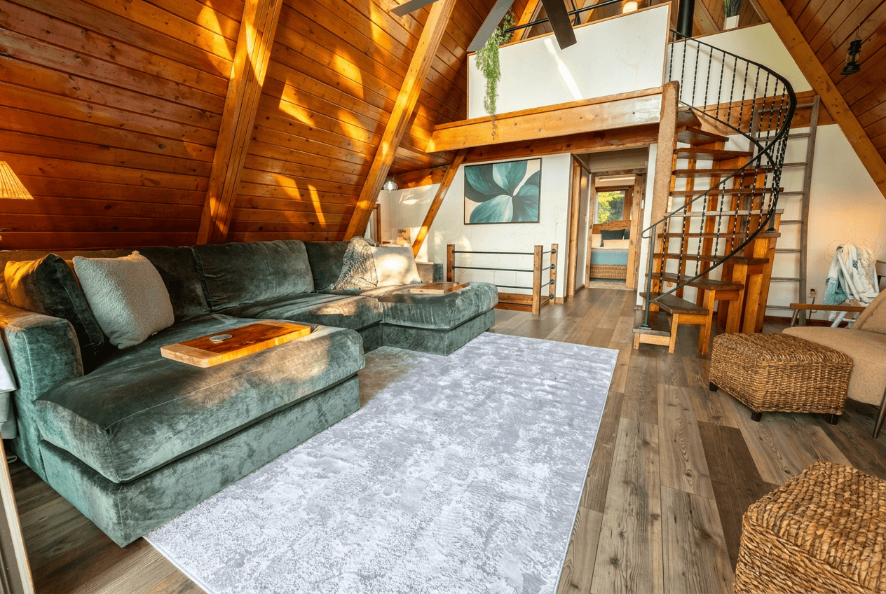 Fun spiral staircase to loft bedroom and optional room darkening curtains.