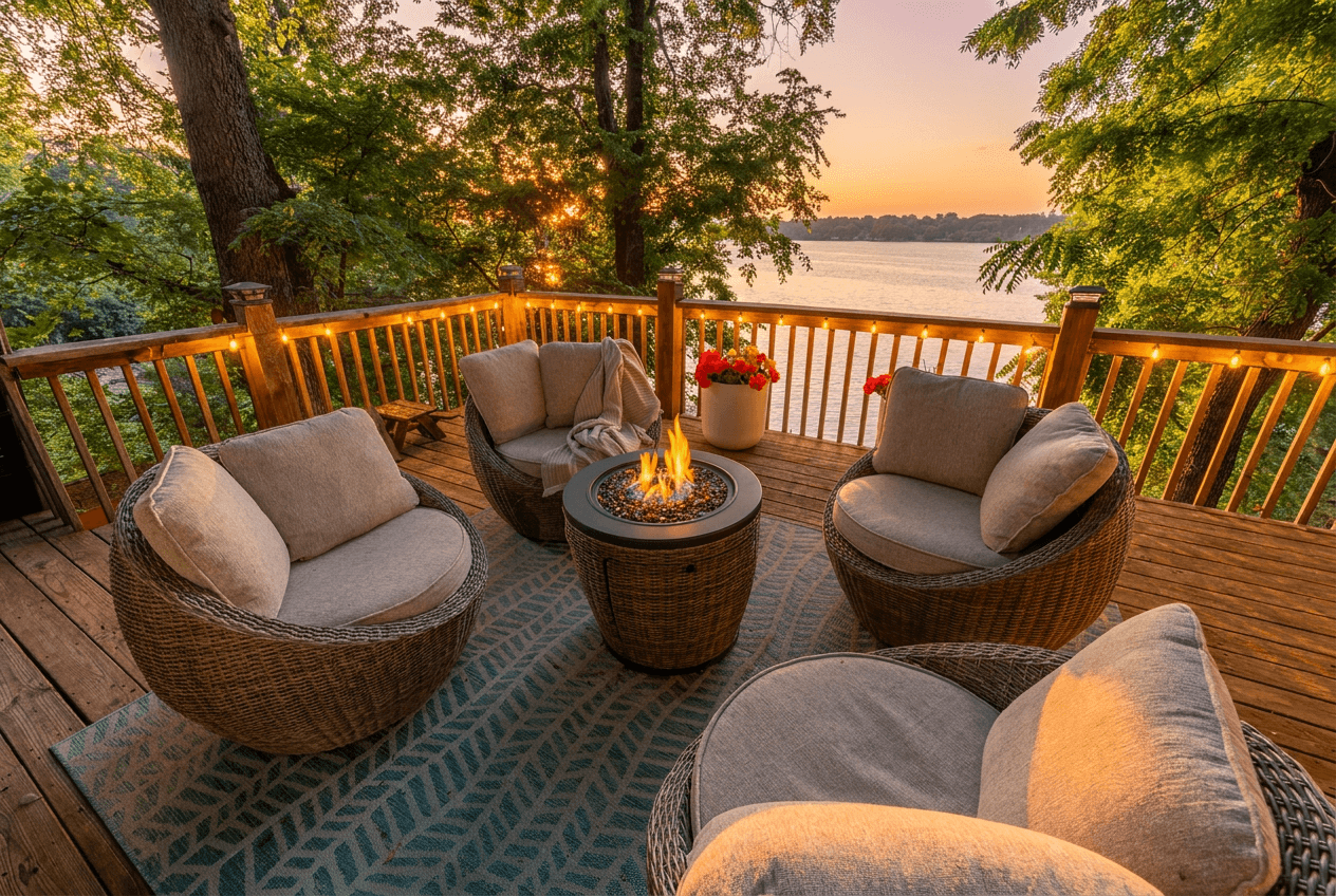 Relax on the elevated deck with some hot cocoa and the easy light fire table and feel your tension melt away.