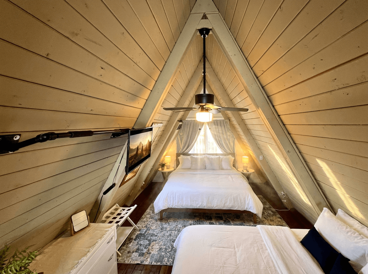 Loft bedroom, One king bed and a queen auto inflate mattress with base. 