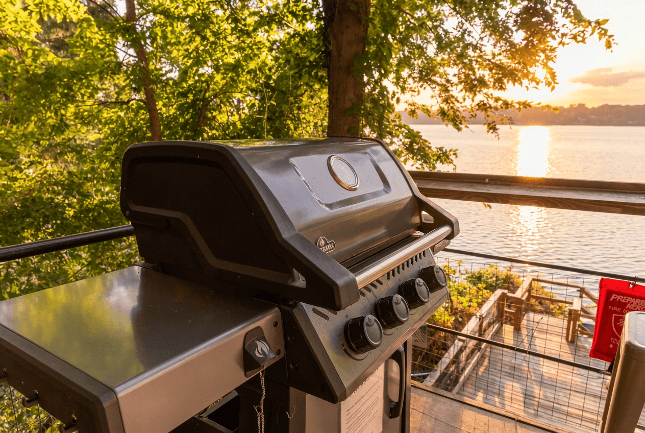 One touch to light propane grill with propane provided.