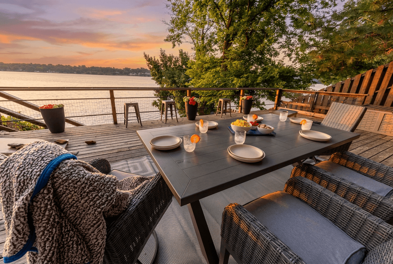 No matter if its a four course meal or just a beverage and some snacks, the al fresca dining table on the activity deck is the place to be.