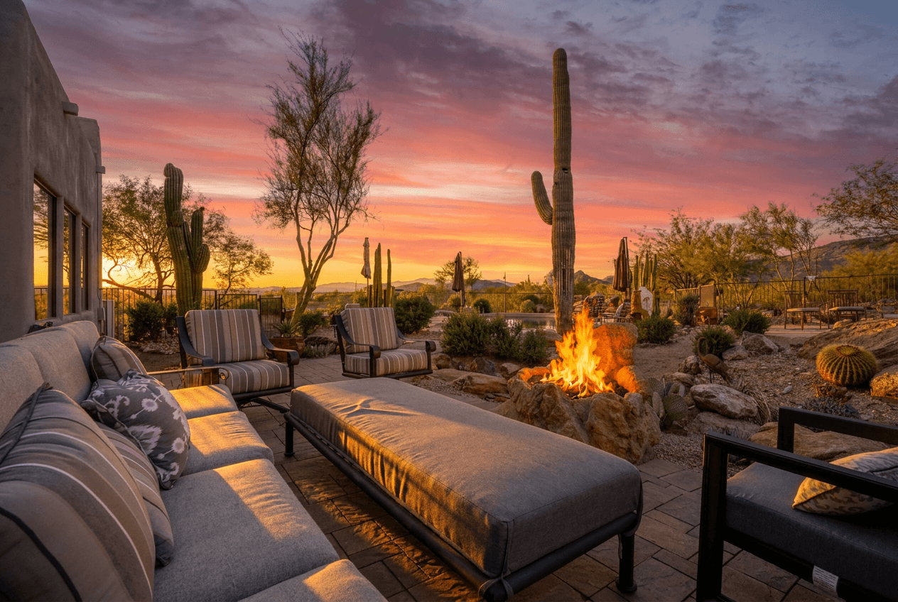 Kick back in the spacious, comfortable outdoor seating area w/gas fire feature—perfect for evening stargazing, beautiful mountain views as the backdrop and easy access to all the patio games.