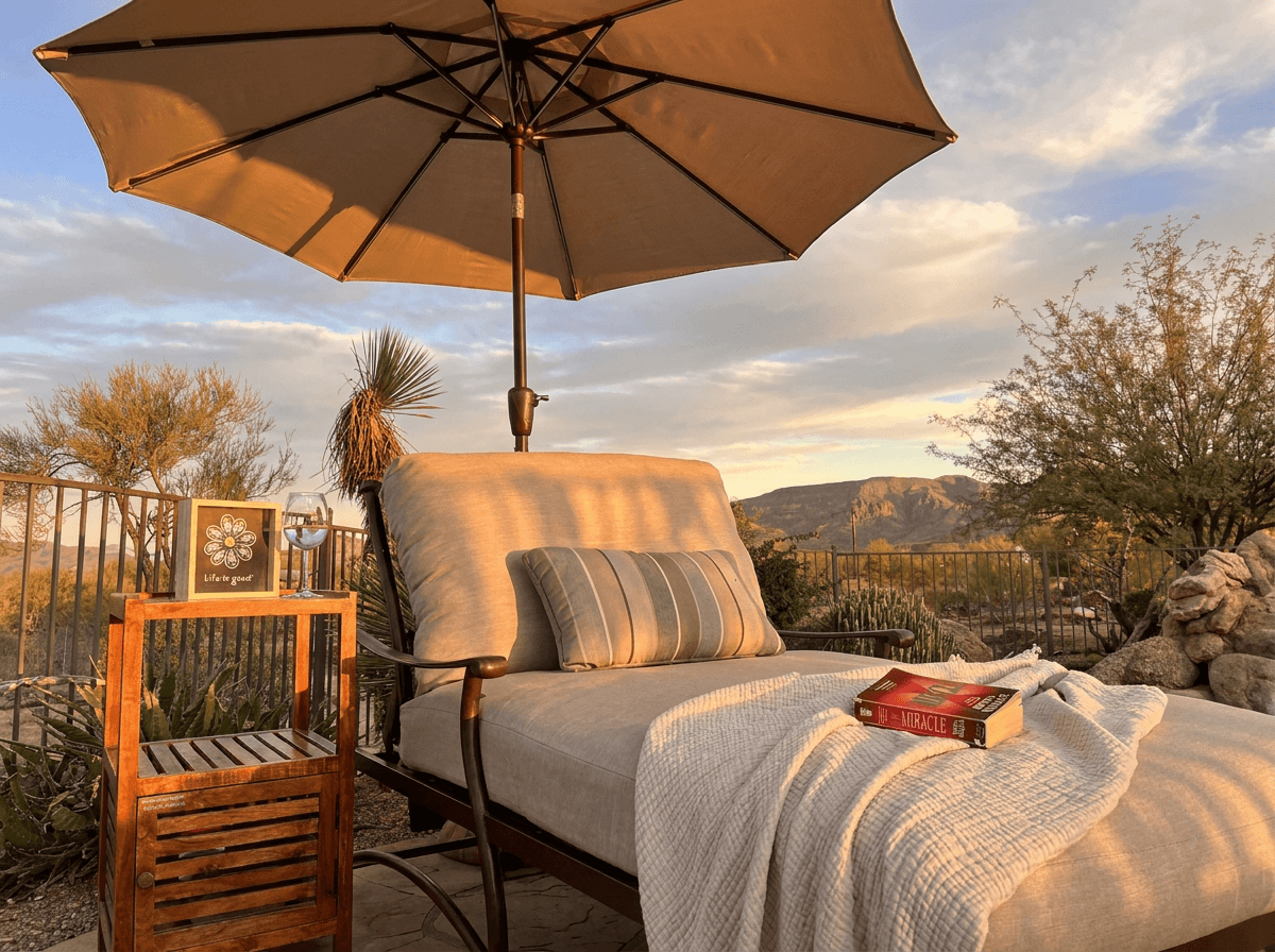 Cuddle up with your favorite person in our double wide chaise lounger, or just take all that extra space for yourself! With a view of the pool and the mountains this might be your favorite spot!