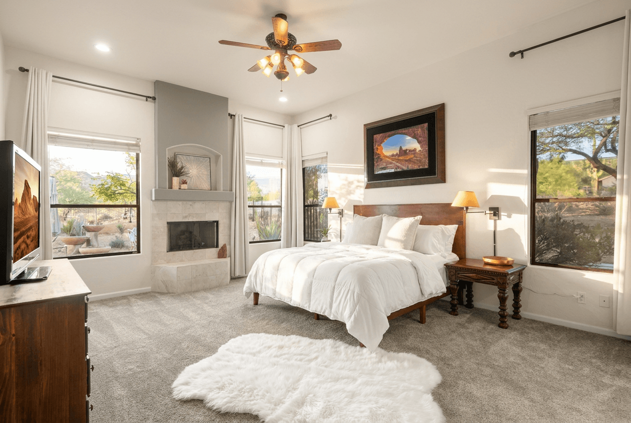 Unload and unwind in the beautiful primary bedroom suite. Located apart from all the other larger bedrooms yet close to the bunk room make this a great space to unwind.