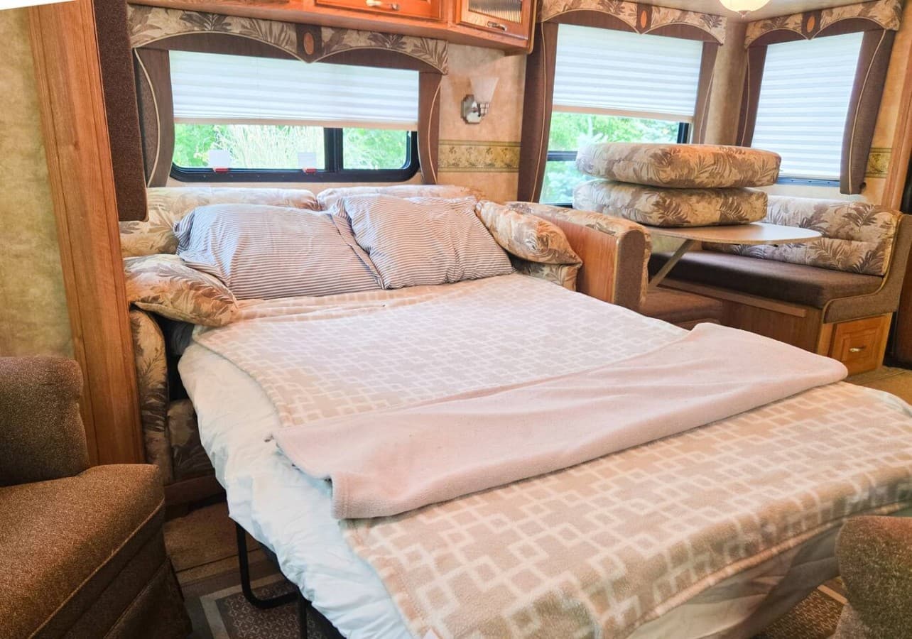 The living room  couch pulls out in to a full bed